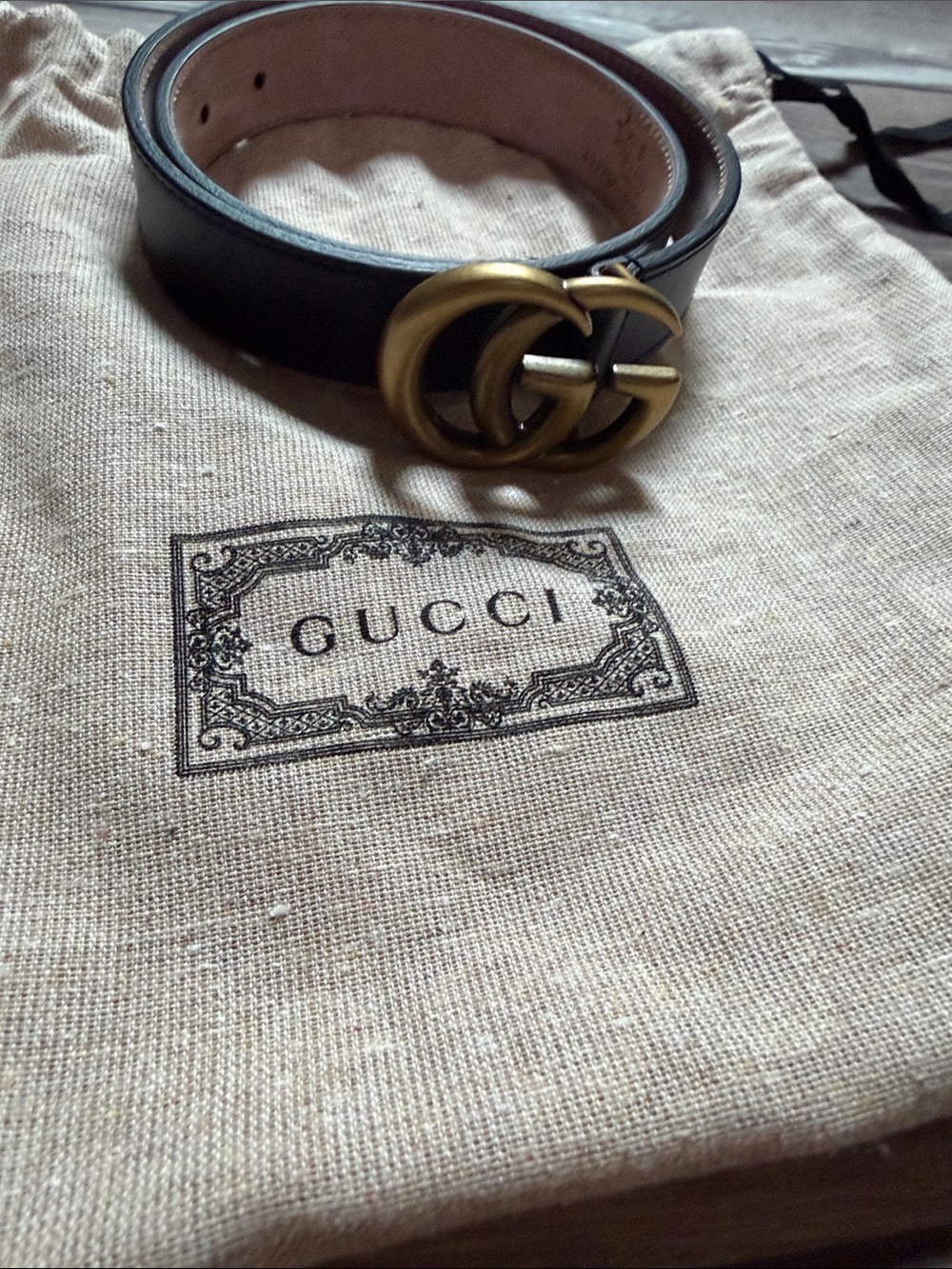 Gucci Black Leather Belt with Antique Gold Double G Buckle
